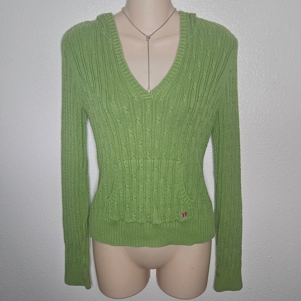 Y2k Aeropostale Lime Green Cable Knit Hooded Sweater